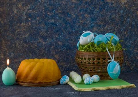 Easter bread and painted Easter eggs Stock Photos