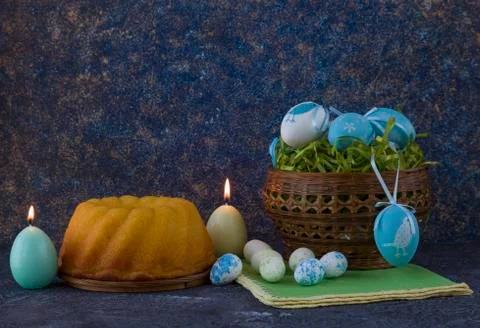 Easter bread and painted Easter eggs Stock Photos