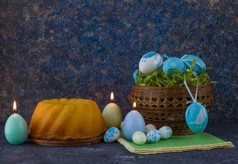 Easter bread and painted Easter eggs Stock Photos