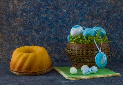 Easter bread and painted Easter eggs 写真素材