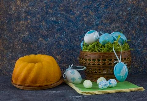 Easter bread and painted Easter eggs 写真素材
