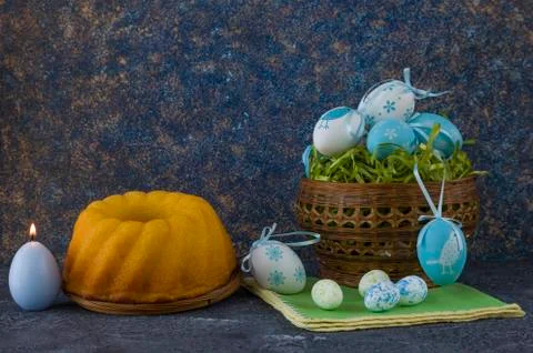 Easter bread and painted Easter eggs Stock Photos