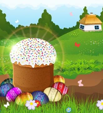 Easter bread and painted eggs on the meadow. 스톡 일러스트