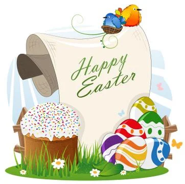 Easter bread and painted eggs with a paper scroll 스톡 일러스트