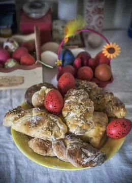 Easter bread and painted eggs Stock Photos