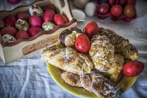 Easter bread and painted eggs Stock Photos