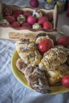 Easter bread and painted eggs Stock Photos