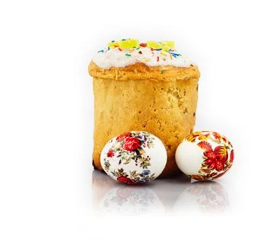 Easter Bread with Chicken Eggs Isolated on White Background Stock Photos