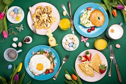 Easter breakfast flat lay Stock Photos