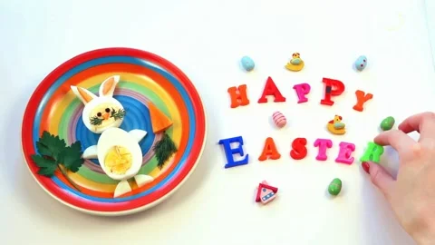 Easter breakfast idea for kids.Bunny rabbit made of boiled eggs Stock Footage 171786890