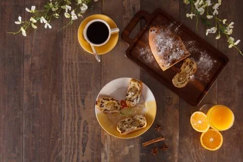 Easter breakfast with raisin bread, orange juice and coffee Stock Photos