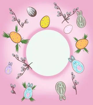 Easter bright background with eggs and bunnies for greeting text Stock-Illustration
