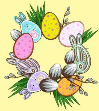 Easter bright wreath with eggs and herbs for decoration Stock Illustration