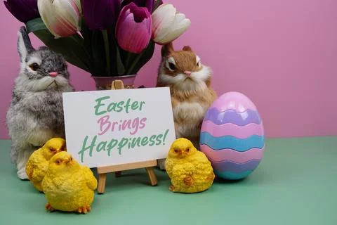 Easter  Brings Happiness! text with easter elements decoration on pink and .. Stock Photos