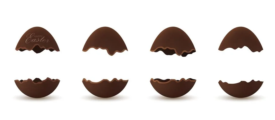 Easter broken egg 3d. Chocolate brown open eggs set isolated white background Stock Illustration