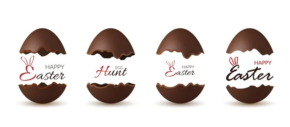 Easter broken egg 3d. Chocolate brown open eggs set isolated white background Stock Illustration