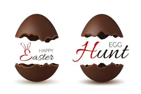Easter broken egg 3d. Chocolate brown open eggs set isolated white background Stock Illustration