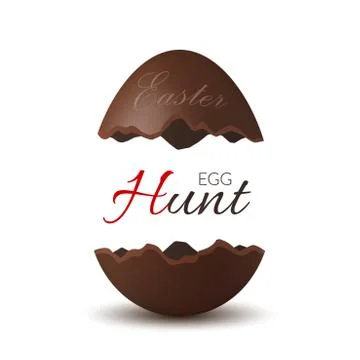Easter broken egg 3d. Egg Hunt text. Chocolate brown open egg isolated white  Stock Illustration