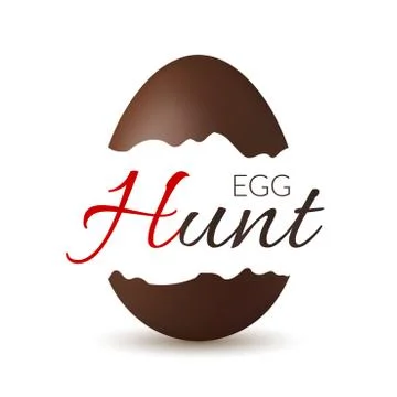 Easter broken egg 3d. Egg Hunt text. Chocolate brown open egg isolated white  Stock Illustration