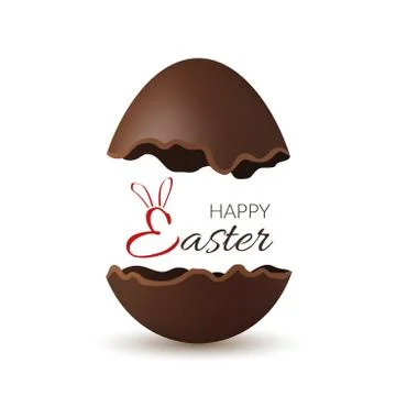 Easter broken egg 3d. Happy Easter text bunny ears. Chocolate brown open egg  Stock Illustration