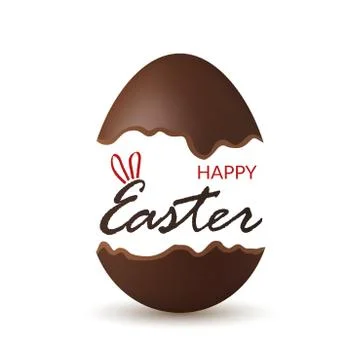 Easter broken egg 3d. Happy Easter text bunny ears. Chocolate brown open egg  Stock Illustration