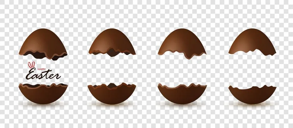 Easter broken egg 3d, text. Chocolate brown open eggs set, isolated white tra Stock Illustration