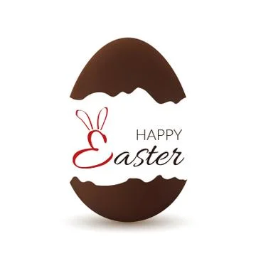 Easter broken egg. Happy Easter text bunny ears. Chocolate brown open egg iso Stock Illustration