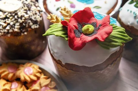 Easter brunch with pastries on the holiday table. Easter bread on the Easte.. Stock Photos