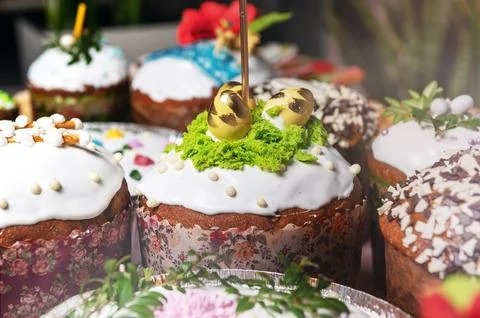 Easter brunch with pastries on the holiday table. Easter bread on the Easte.. Stock Photos