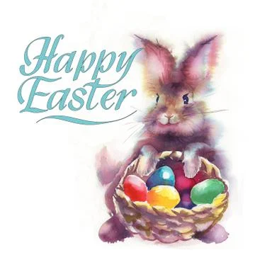 Easter bunnies and Easter eggs. Watercolors illustration with cute animals Stock Illustration