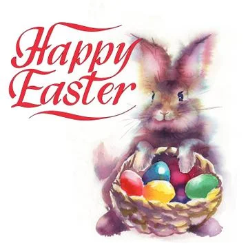 Easter bunnies and Easter eggs. Watercolors illustration with cute animals Stock Illustration