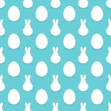 Easter bunnies and eggs samless blue pattern. Vector illustration. Stock Illustration