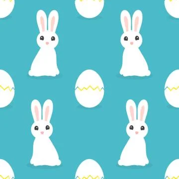 Easter bunnies and eggs samless blue pattern. Vector illustration. Stock Illustration