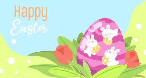 Easter bunnies with big easter egg in grass with flowers Illustrazione stock