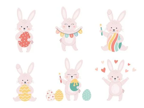 Easter bunnies collection. Bunny with Easter eggs. Happy Easter. Stock Illustration