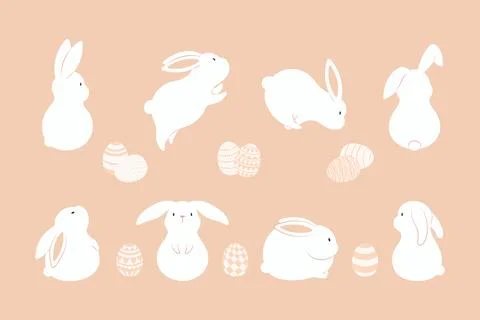 Easter bunnies, cute rabbits, eggs set, isolated Stock Illustration