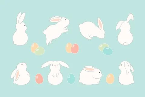 Easter bunnies, cute rabbits, eggs set, isolated Illustrazione stock