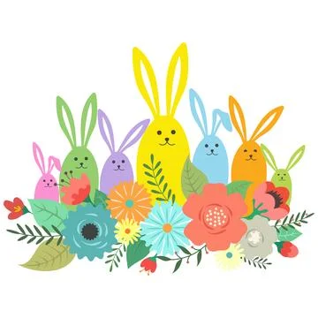 Easter bunnies of different colors and beautiful colorful flowers with leaves Stockillustratie