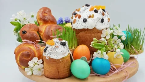 Easter bunnies, easter, easter eggs on a white background slowly rotate Stock Footage 169571580