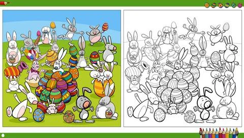 Easter bunnies with Easter eggs coloring book page Cartoon illustration of... Stock Photos