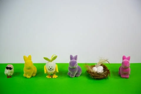 Easter bunnies with Easter eggs, Happy Easter, lettering Stock Photos