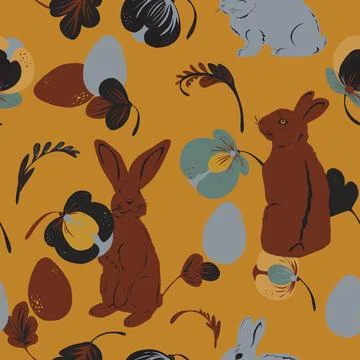 Easter bunnies, eggs and stylized flowers hand drawn vector seamless pattern Stock Illustration