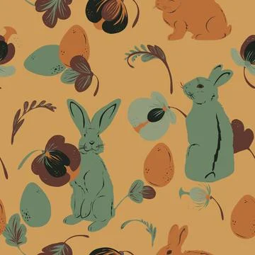 Easter bunnies, eggs and stylized flowers hand drawn vector seamless pattern 库存插图