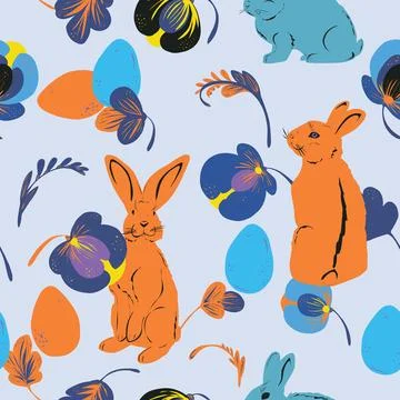 Easter bunnies, eggs and stylized flowers hand drawn vector seamless pattern Stock Illustration