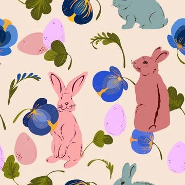 Easter bunnies, eggs and stylized flowers hand drawn vector seamless pattern Stock Illustration