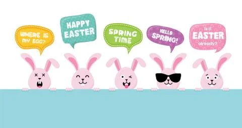 Easter Bunnies with greeting speech bubbles- Vector Stock Illustration