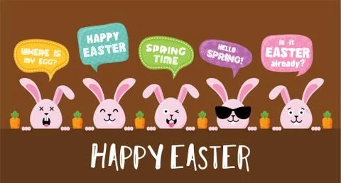 Easter Bunnies with greeting speech bubbles- Vector Stock Illustration