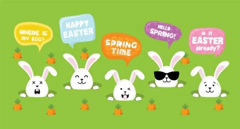 Easter Bunnies with greeting speech bubbles- Vector Stock Illustration
