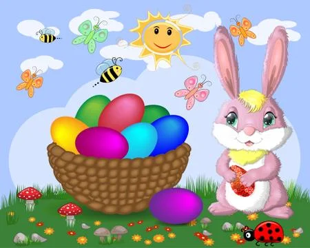 Easter bunnies near the basket with Easter eggs in the meadow, the sun, butte 스톡 일러스트