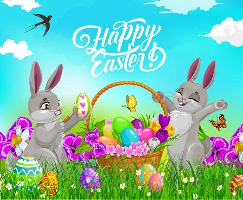 Easter bunnies or rabbits with eggs and basket Stock Illustration